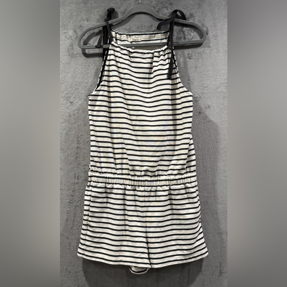 Madewell Tie Shoulder Striped Romper Women's Size M Sleeveless Shorts Stretch